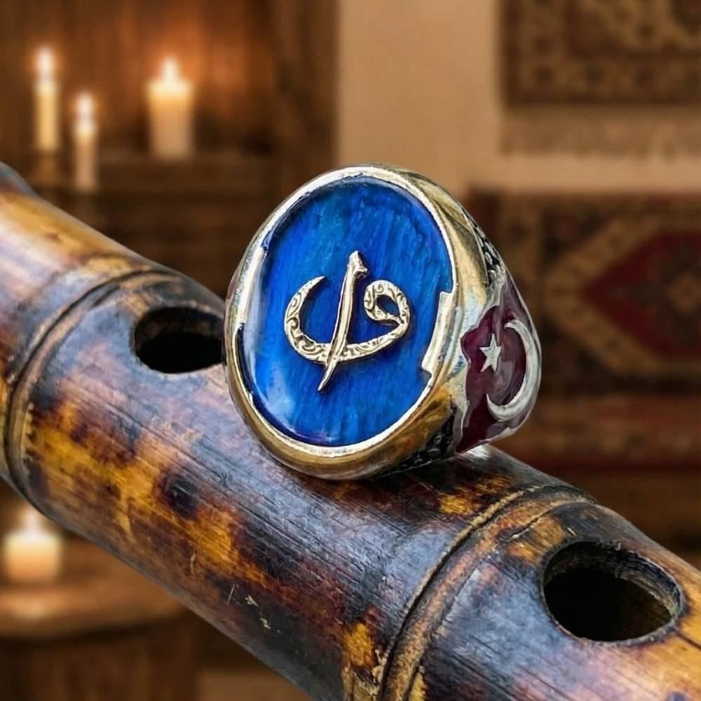 Elif Vav Mavi Mineli Gümüş Erkek YüzükElif Vav Yüzük