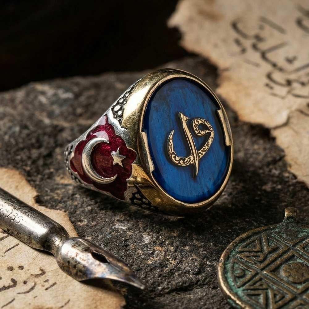 Elif Vav Mavi Mineli Gümüş Erkek YüzükElif Vav Yüzük