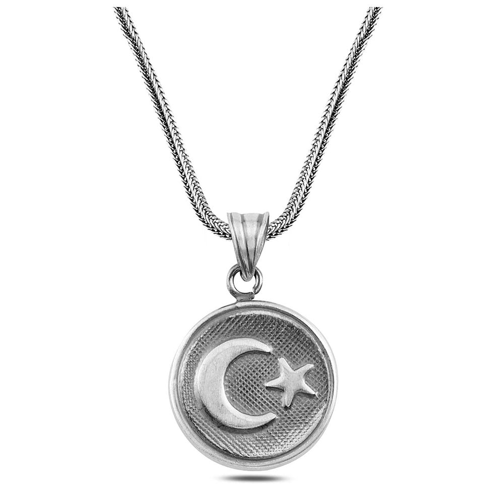 Eskitme Ay Yıldız İşlemeli Gümüş Cevşen Kolye