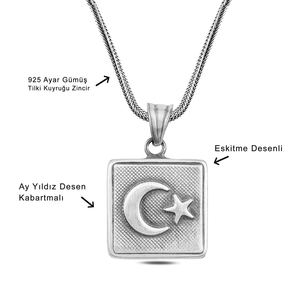 Eskitme Ay Yıldız İşlemeli Gümüş Kare Cevşen Kolye