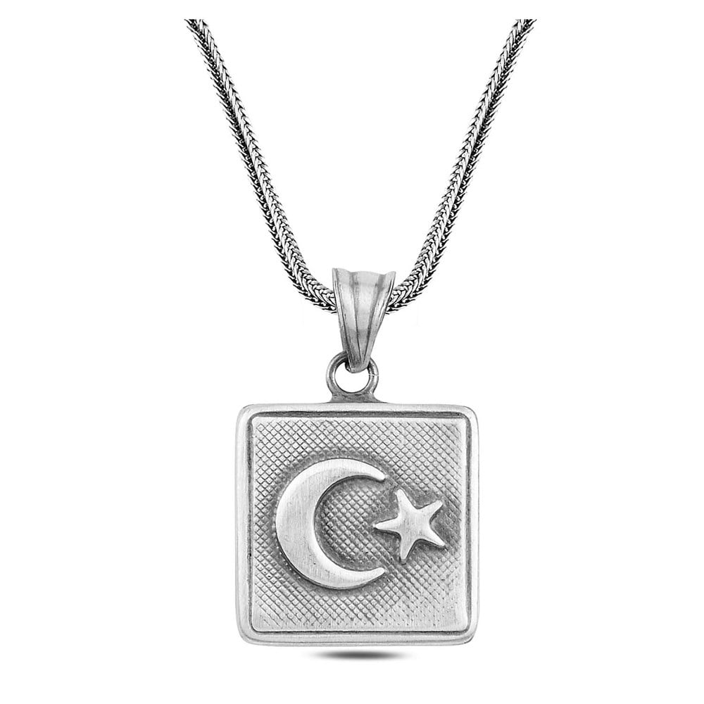 Eskitme Ay Yıldız İşlemeli Gümüş Kare Cevşen Kolye