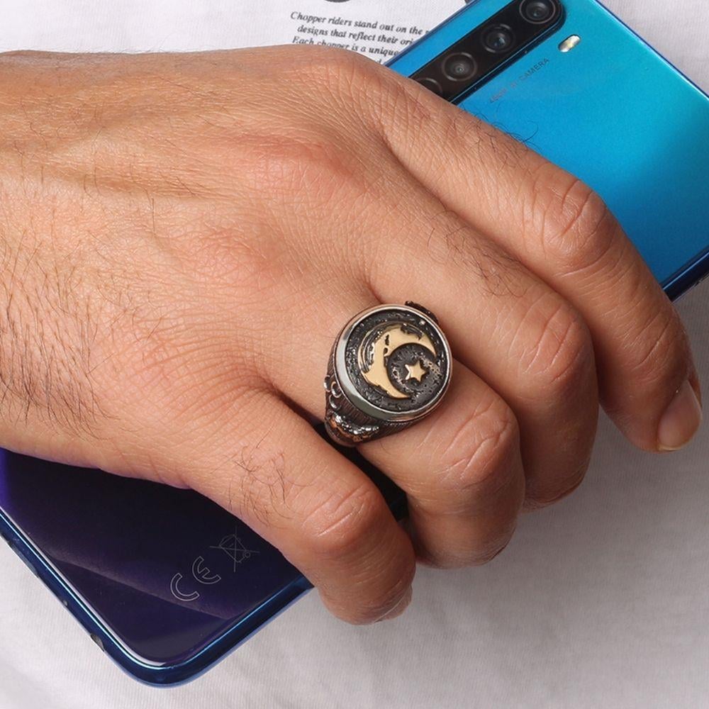 Eskitme Üç Hilal Bozkurt Ay Yıldız Gümüş Yüzük