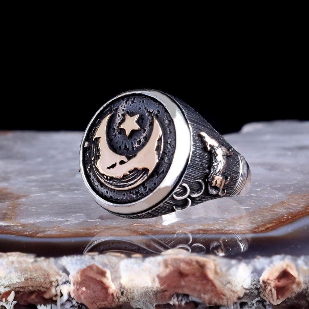 Eskitme Üç Hilal Bozkurt Ay Yıldız Gümüş Yüzük