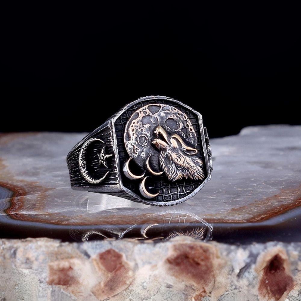 Eskitme Uluyan Kurt Üç Hilal Gümüş Yüzük