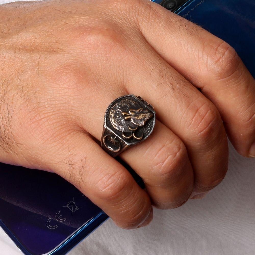 Eskitme Uluyan Kurt Üç Hilal Gümüş Yüzük