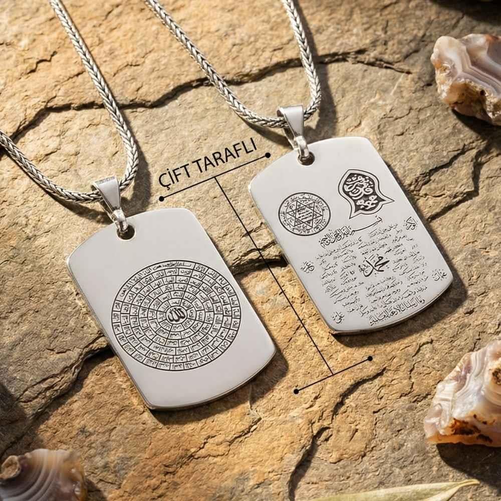 Esmaül Hüsna ve Hilyei Şerif Yazılı Çift Taraflı Gümüş KolyeDualı Kolye