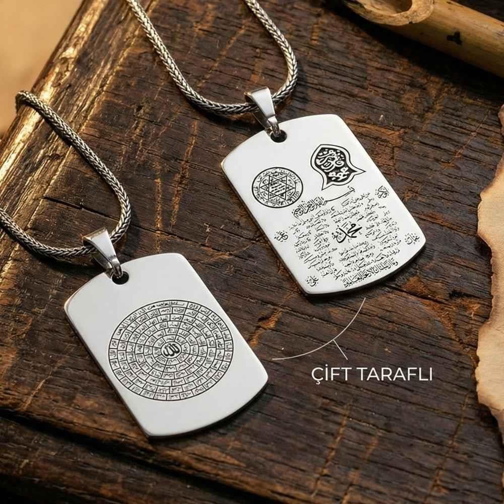 Esmaül Hüsna ve Hilyei Şerif Yazılı Çift Taraflı Gümüş KolyeDualı Kolye