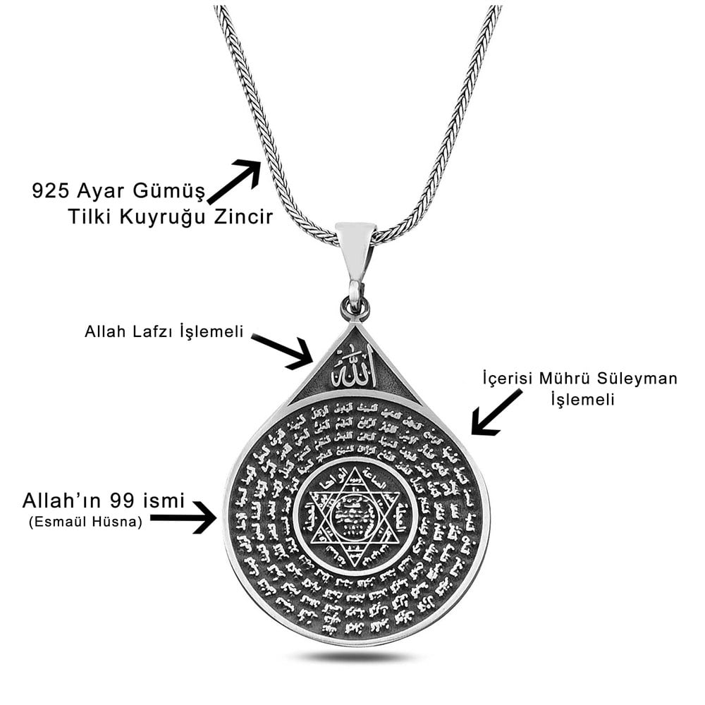 Esmaül Hüsna ve Hz Süleyman Mührü İşlemeli Gümüş Kolye