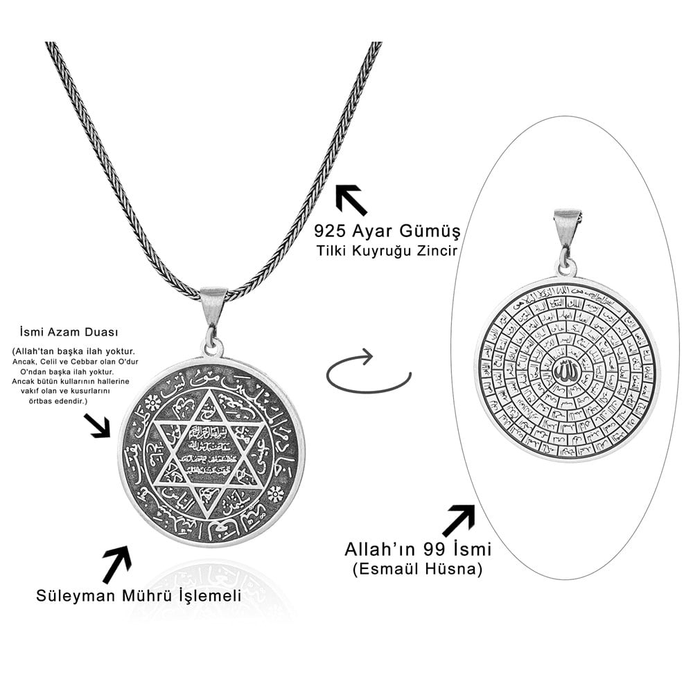 Esmaül Hüsna ve Süleyman Mührü İşlemeli Gümüş Kolye