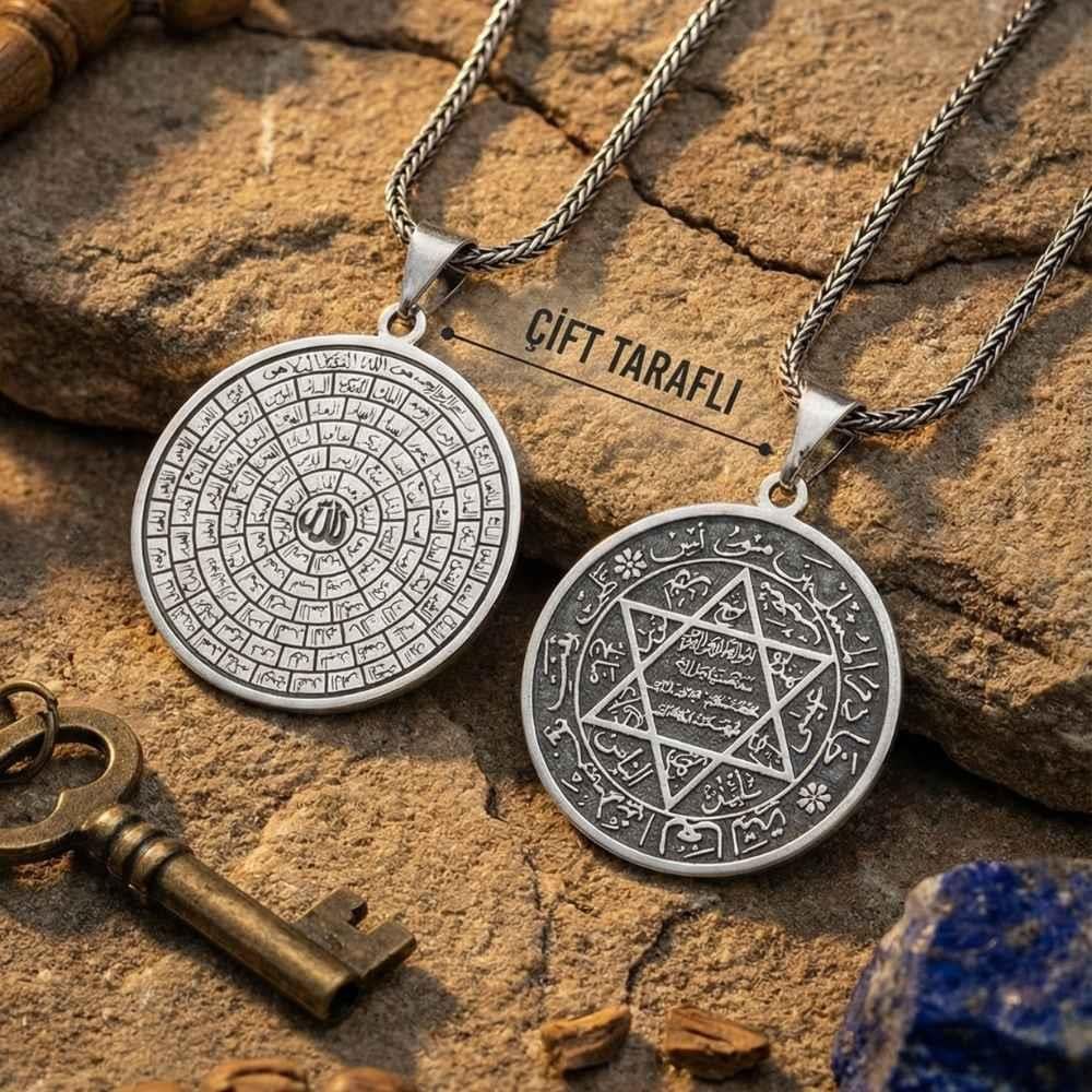 Esmaül Hüsna ve Süleyman Mührü İşlemeli Gümüş KolyeSüleyman Mührü Kolye