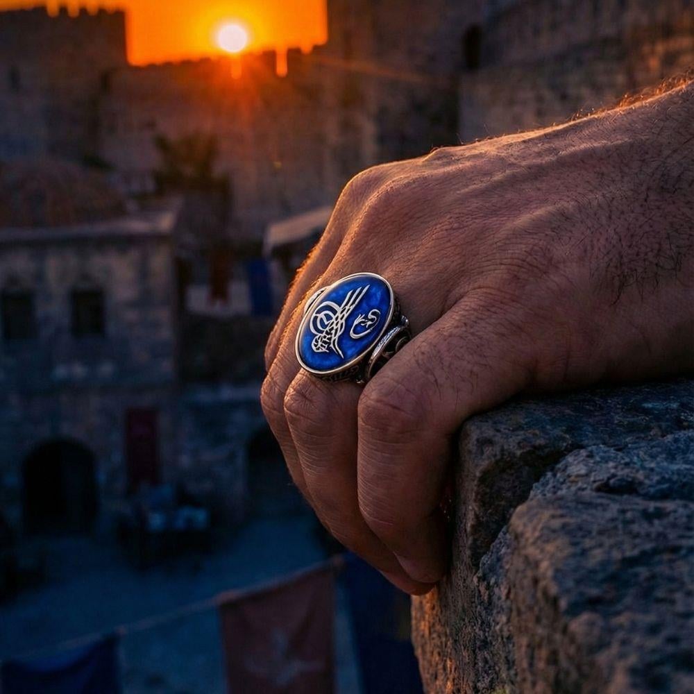 Fatih Sultan Mehmet Gümüş Erkek Yüzük MaviOsmanlı Yüzükleri