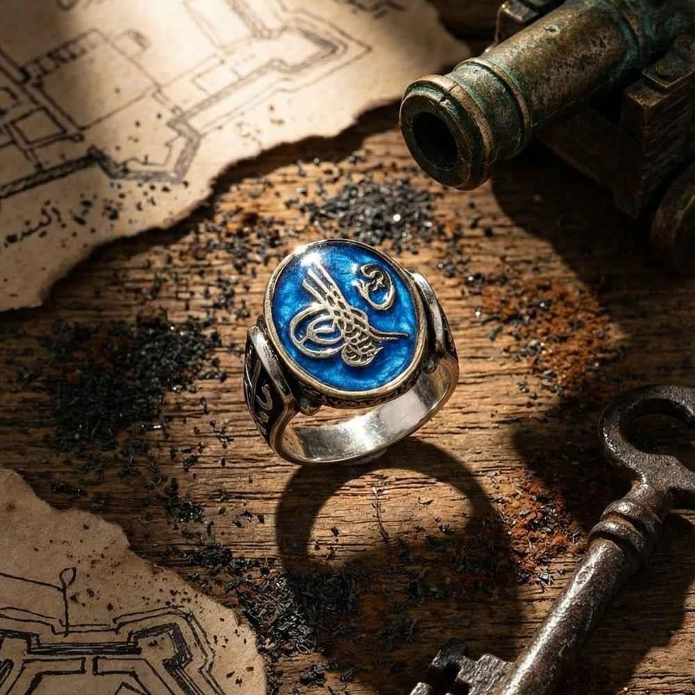 Fatih Sultan Mehmet Gümüş Erkek Yüzük MaviOsmanlı Yüzükleri