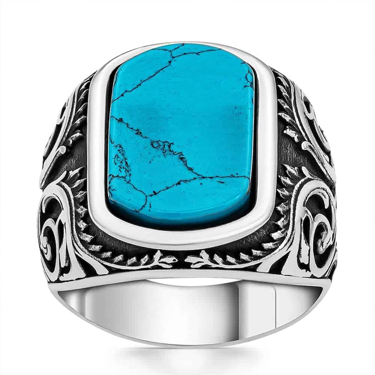 Blue Turquoise Hand Engraved Sterling Silver Ring