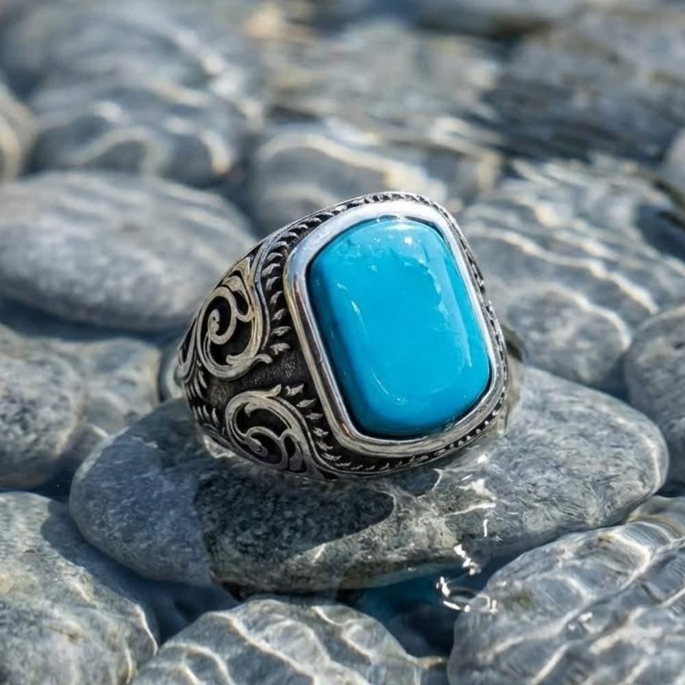 Firuze Taş Kalem İşlemeli Gümüş YüzükFiruze Taşlı Yüzükler