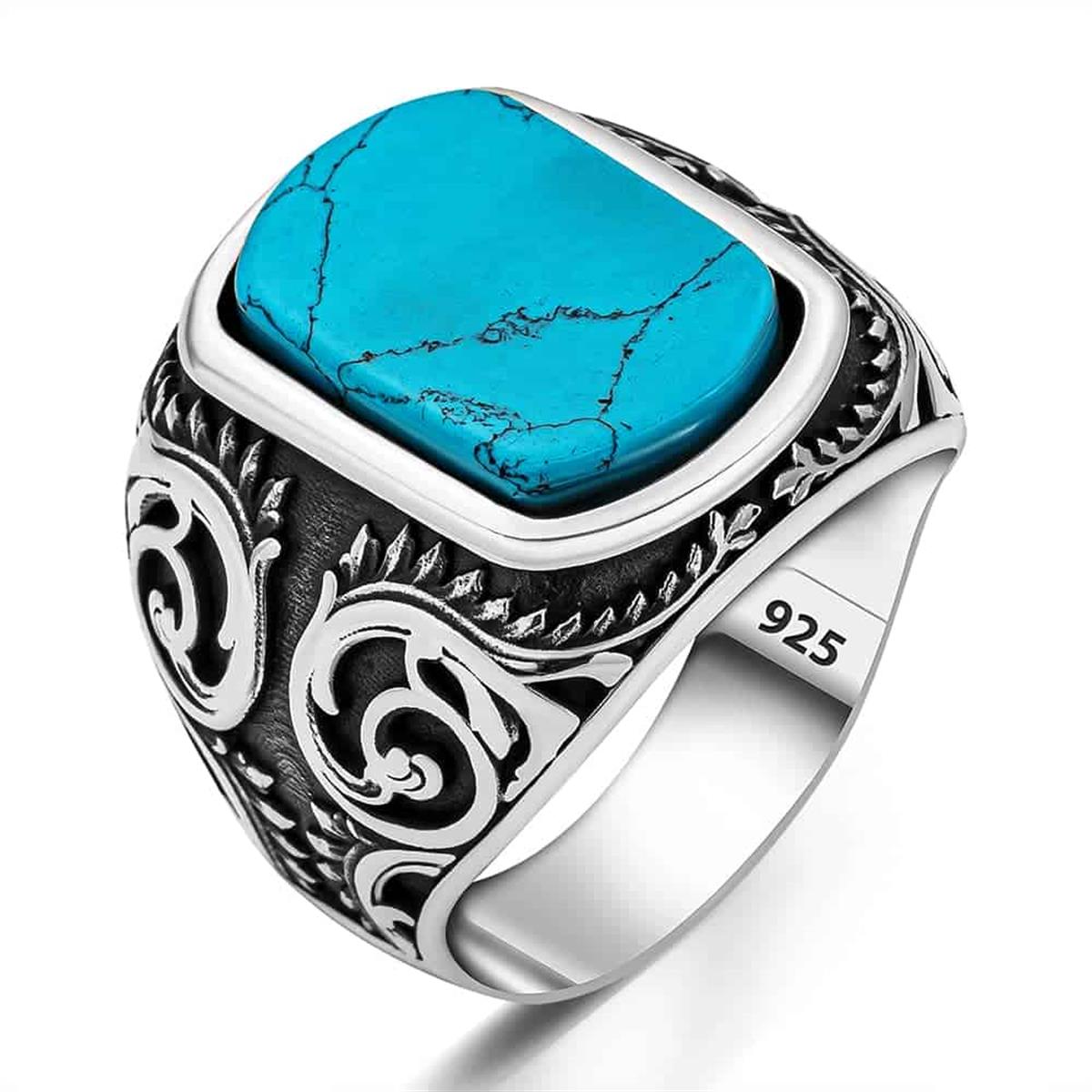 Blue Turquoise Hand Engraved Sterling Silver Ring