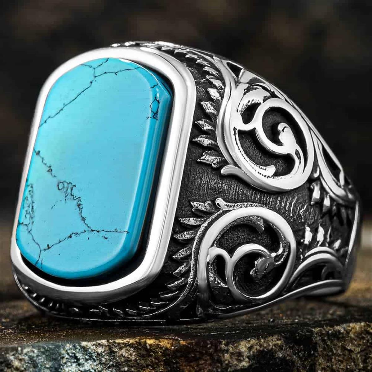 Blue Turquoise Hand Engraved Sterling Silver Ring