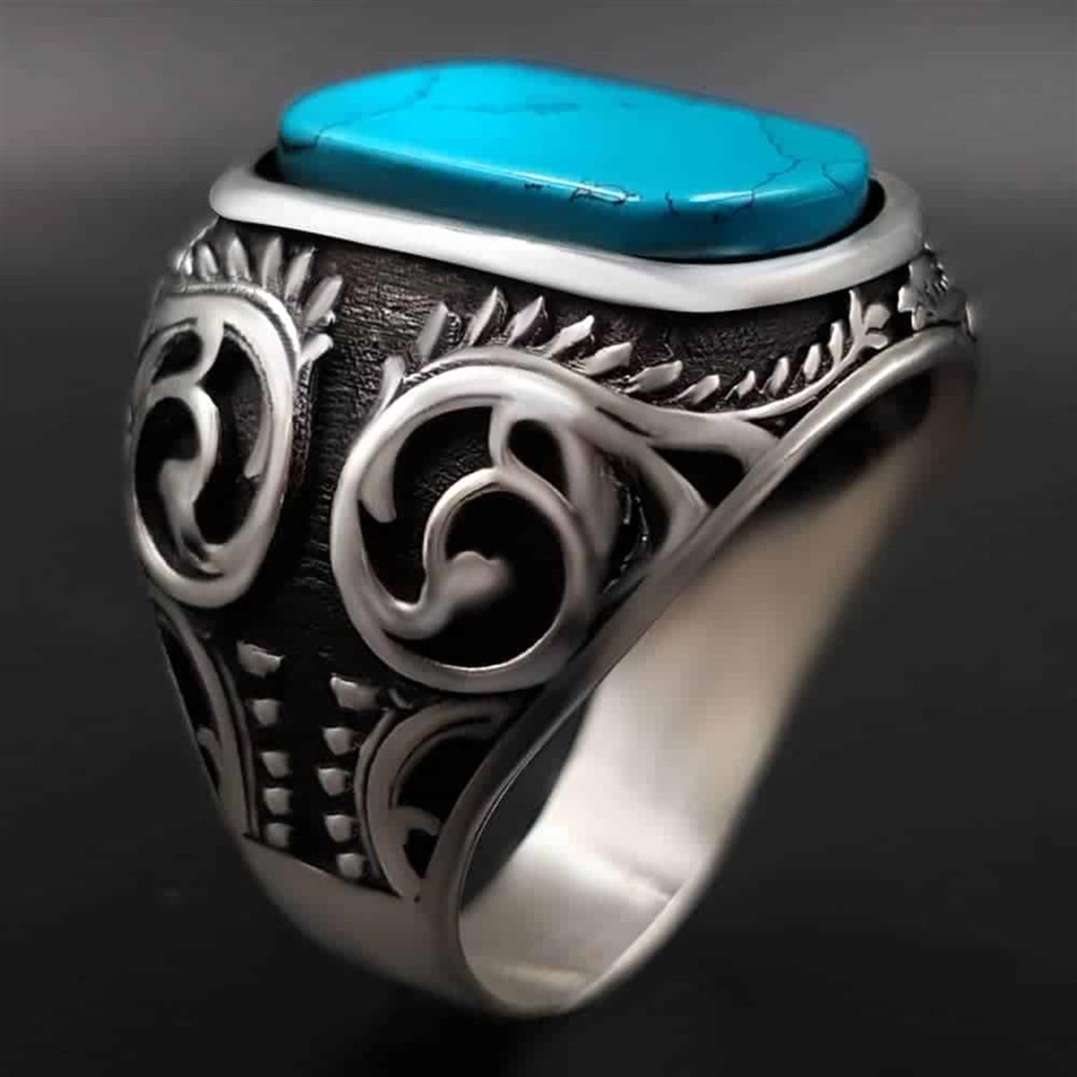 Blue Turquoise Hand Engraved Sterling Silver Ring