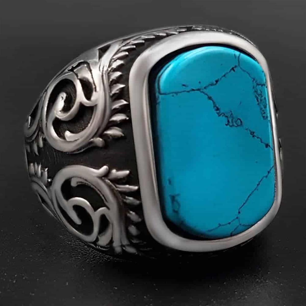 Blue Turquoise Hand Engraved Sterling Silver Ring