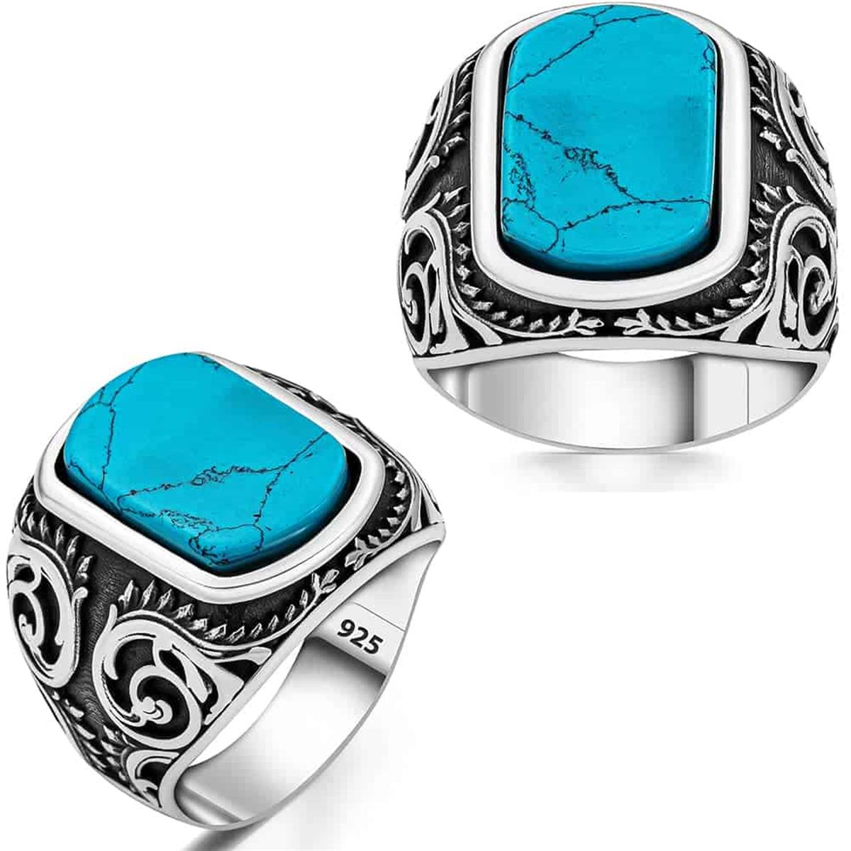 Blue Turquoise Hand Engraved Sterling Silver Ring