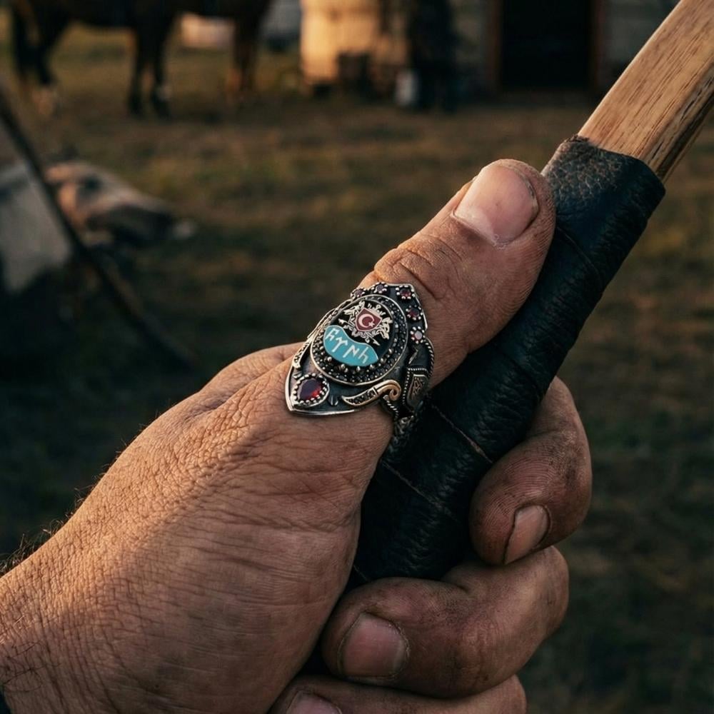 Göktürkçe Türk Çift Bozkurt İşlemeli Gümüş Zihgir YüzükBaşparmak & Zihgir Yüzükleri