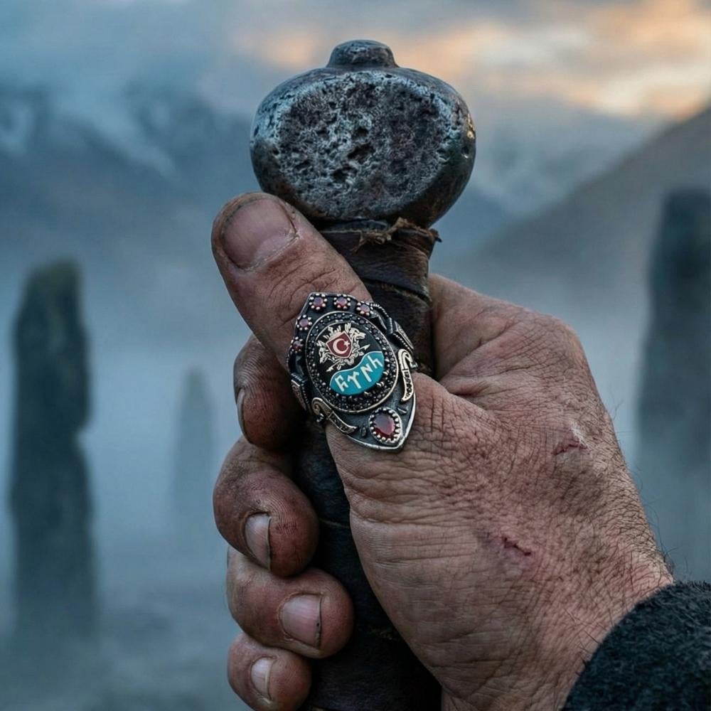 Göktürkçe Türk Çift Bozkurt İşlemeli Gümüş Zihgir YüzükBaşparmak & Zihgir Yüzükleri