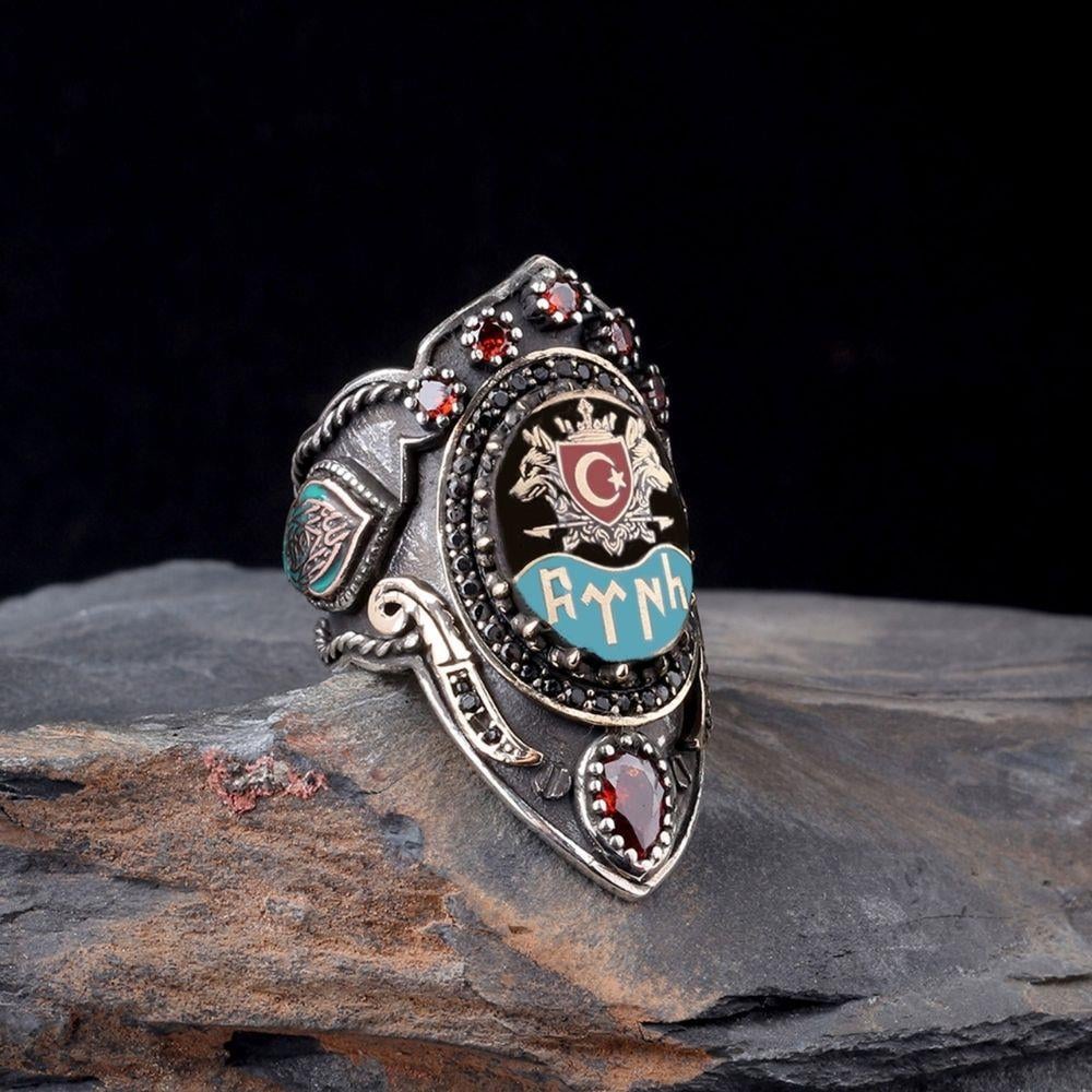 Göktürkçe Türk Çift Bozkurt İşlemeli Gümüş YüzükBaşparmak & Zihgir Yüzükleri