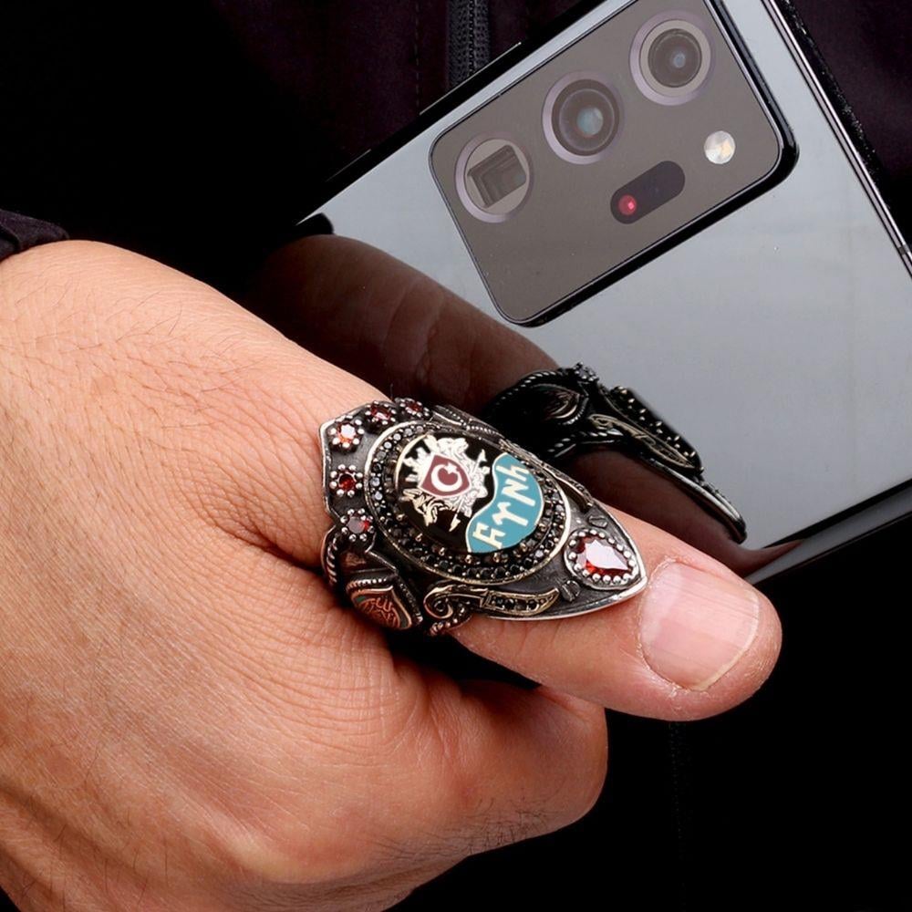 Göktürkçe Türk Çift Bozkurt İşlemeli Gümüş YüzükBaşparmak & Zihgir Yüzükleri