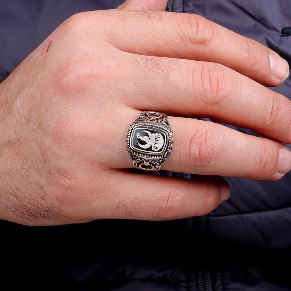 Göktürkçe Türk Yazılı Bozkurt Ay Yıldız Gümüş YüzükBozkurt Yüzükleri