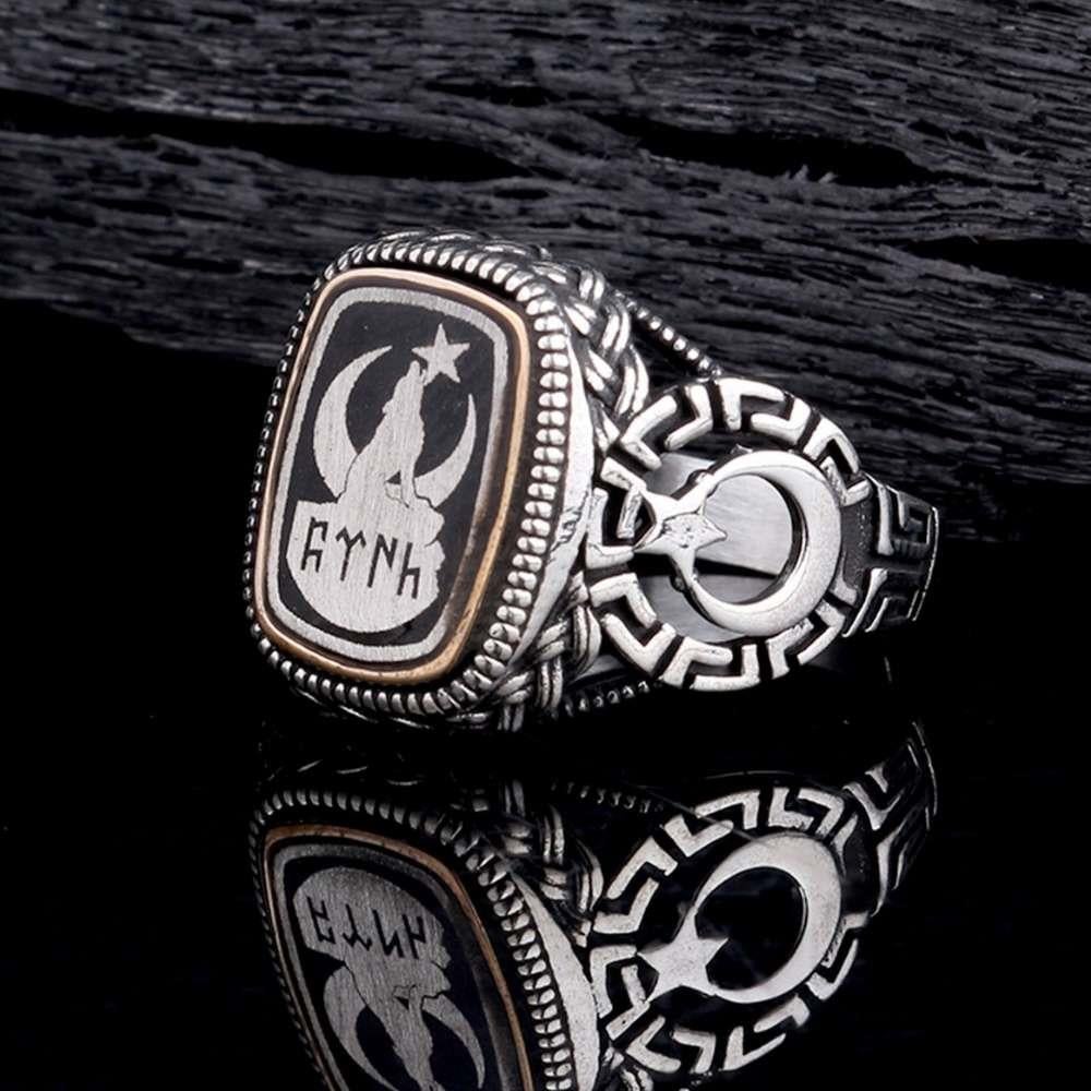 Göktürkçe Türk Yazılı Bozkurt Ay Yıldız Gümüş YüzükBozkurt Yüzükleri