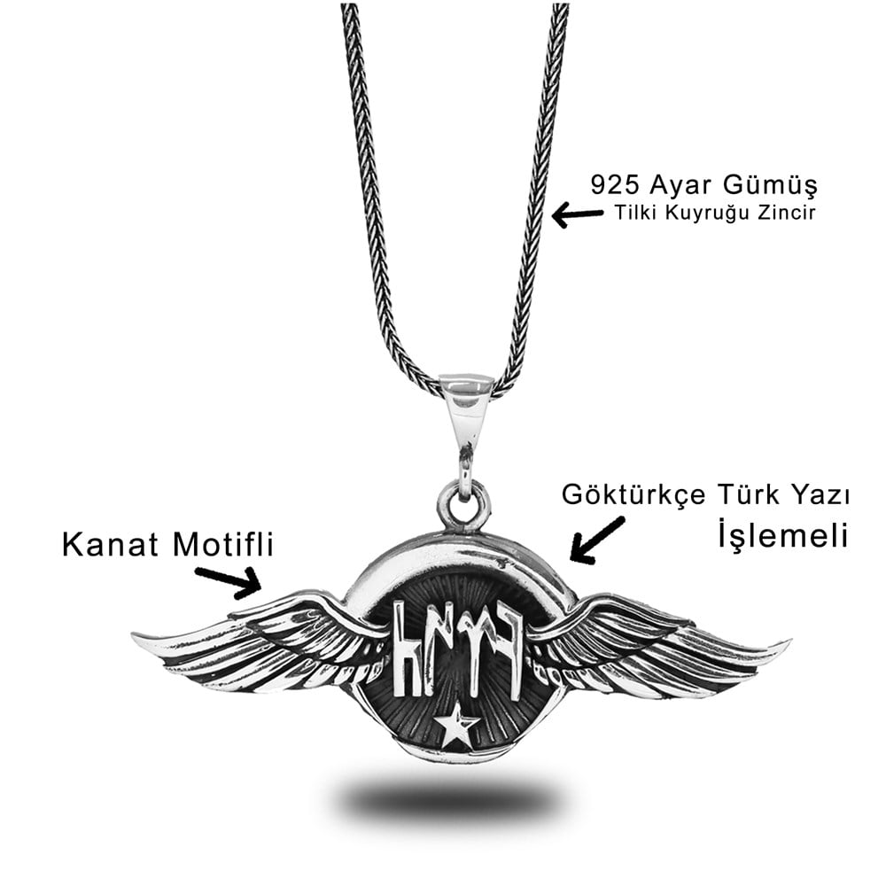 Göktürkçe Türk Yazılı Kanat Motifli Gümüş Kolye