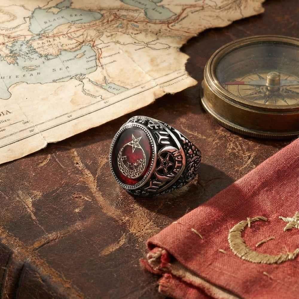 Göktürkçe Türk Yazılı Türk Bayraklı Gümüş YüzükAy Yıldız Yüzükler