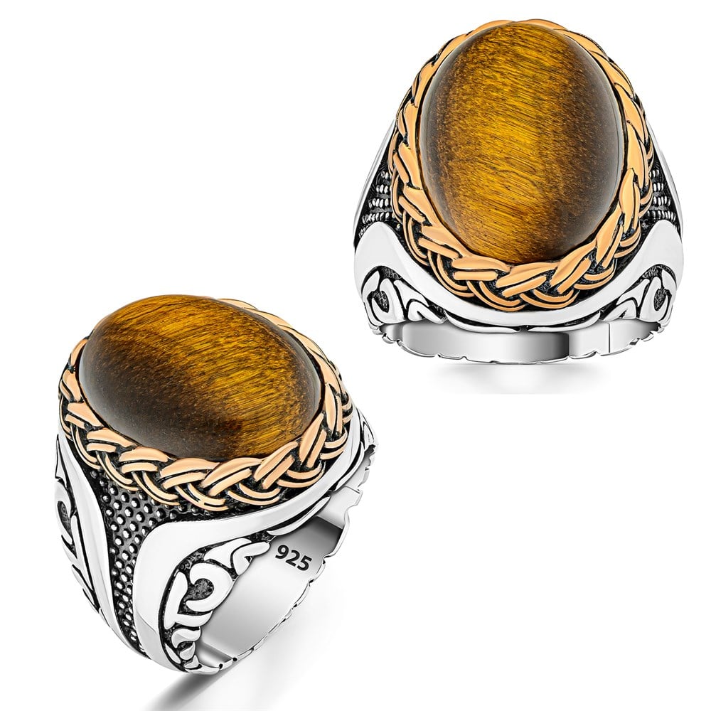 Gold Örgü Motifli Kaplan Gözü Taşlı Gümüş Yüzük