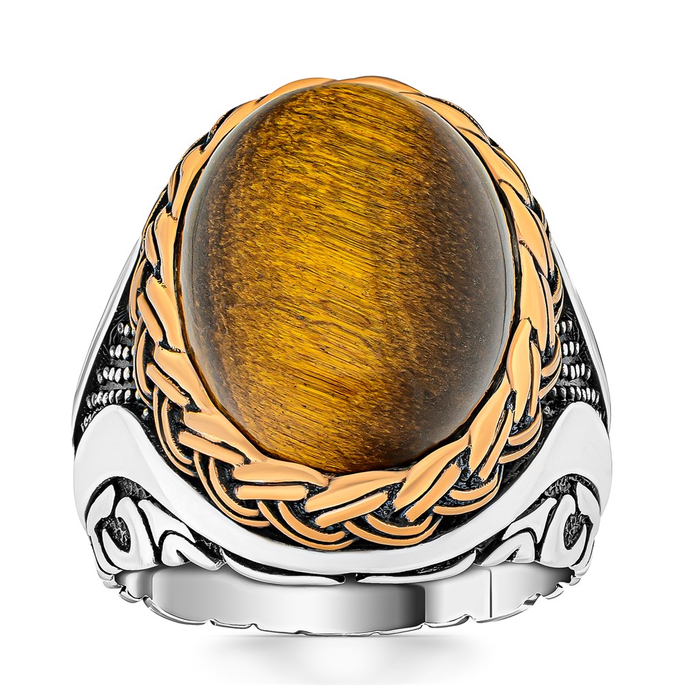 Gold Örgü Motifli Kaplan Gözü Taşlı Gümüş Yüzük