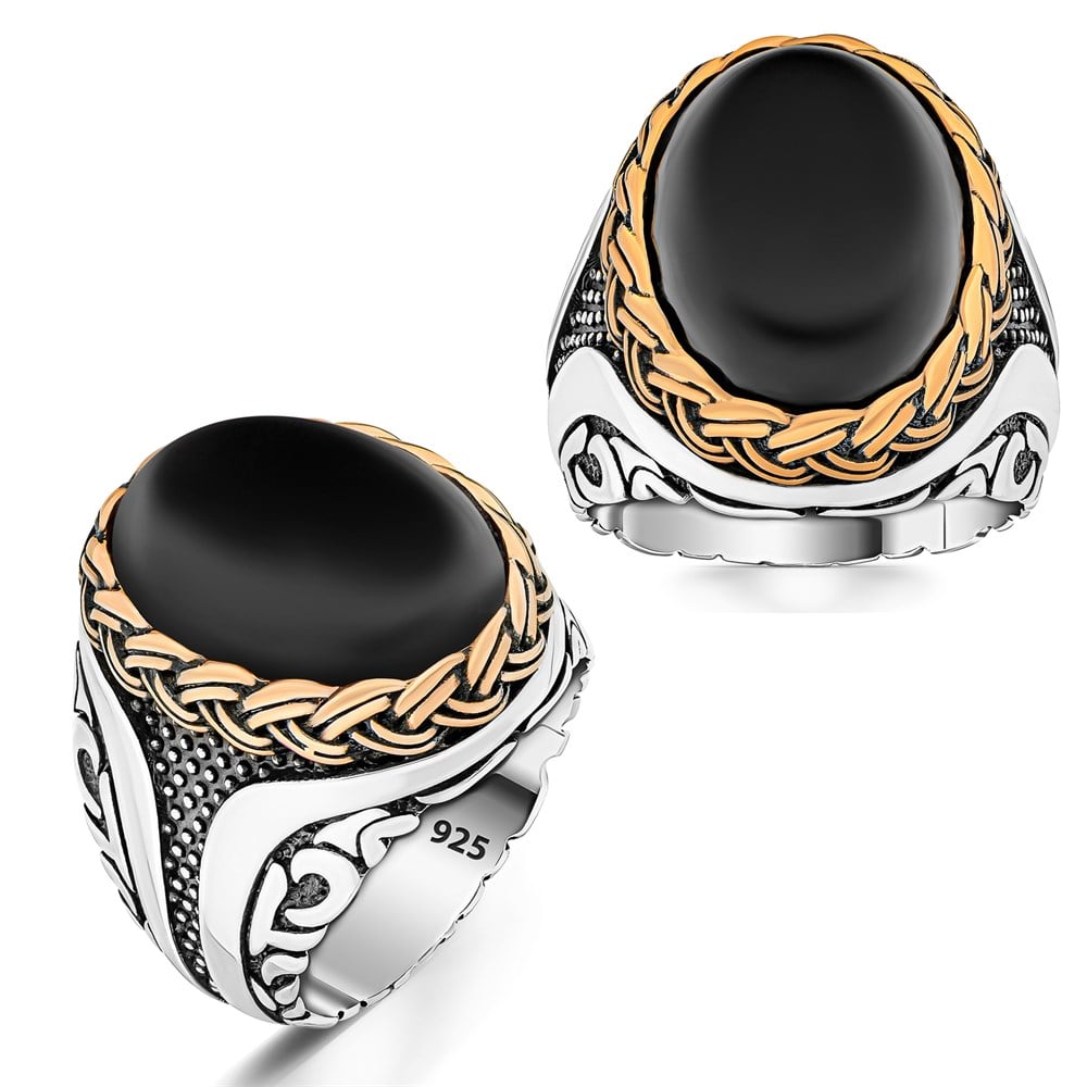 Gold Örgü Motifli Siyah Oniks Taşlı Gümüş Yüzük