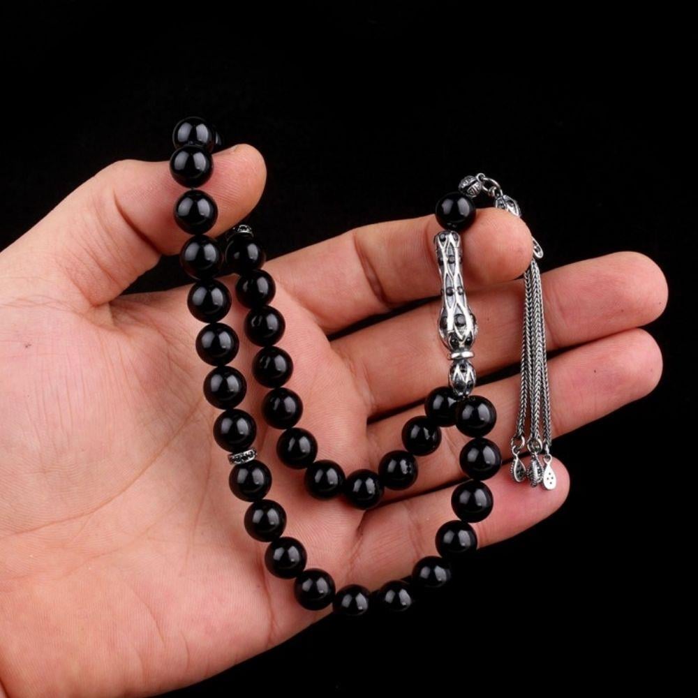 Gümüş Küre Kesim Siyah Zirkon Taşlı Ateş Kehribar Tesbih