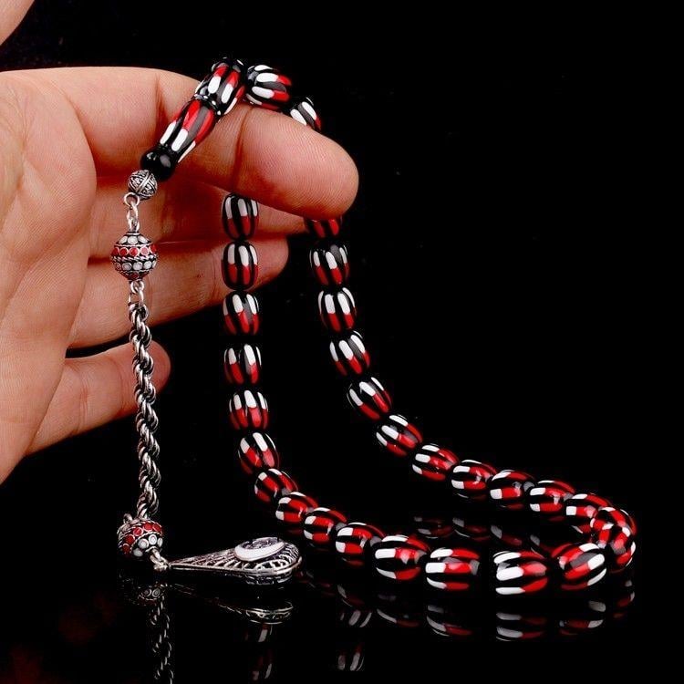 Gümüş Mineli Püsküllü Kırmızı Beyaz Renk Ateş Kehribar TesbihAteş Kehribar Tesbih
