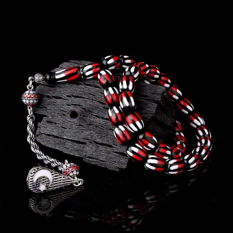 Gümüş Mineli Püsküllü Kırmızı Beyaz Renk Ateş Kehribar TesbihAteş Kehribar Tesbih