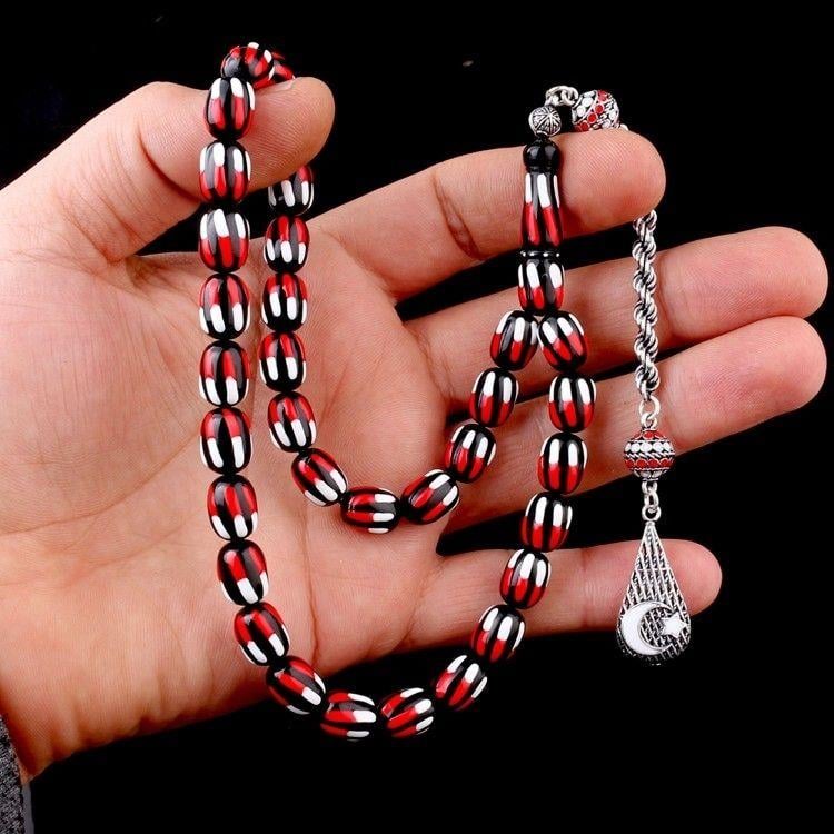 Gümüş Mineli Püsküllü Kırmızı Beyaz Renk Ateş Kehribar TesbihAteş Kehribar Tesbih