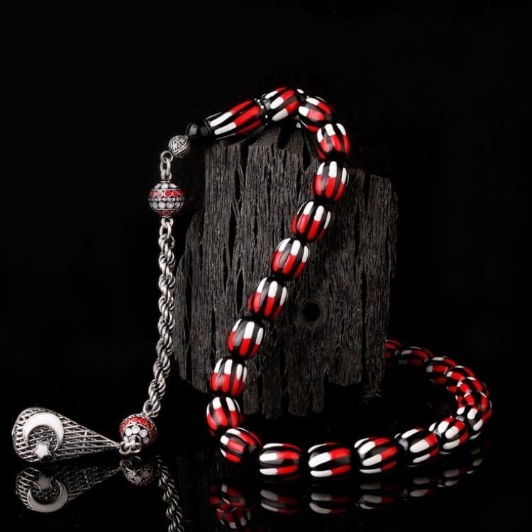 Gümüş Mineli Püsküllü Kırmızı Beyaz Renk Ateş Kehribar TesbihAteş Kehribar Tesbih