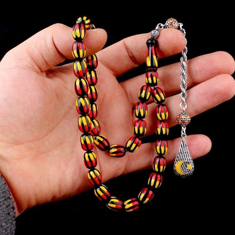 Gümüş Mineli Püsküllü Sarı Kırmızı Renk Ateş Kehribar TesbihAteş Kehribar Tesbih