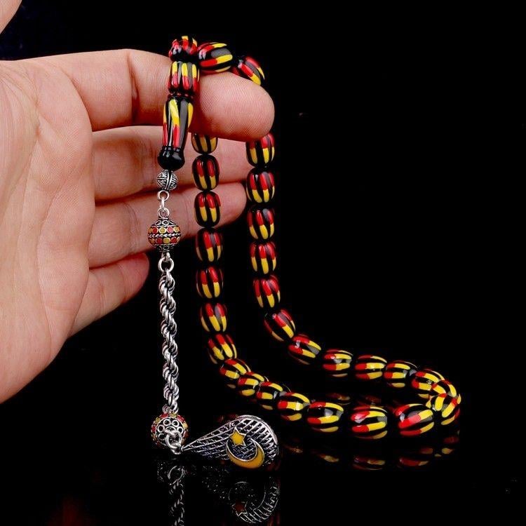 Gümüş Mineli Püsküllü Sarı Kırmızı Renk Ateş Kehribar TesbihAteş Kehribar Tesbih