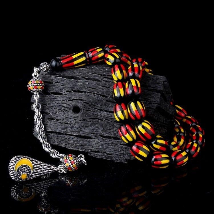 Gümüş Mineli Püsküllü Sarı Kırmızı Renk Ateş Kehribar TesbihAteş Kehribar Tesbih