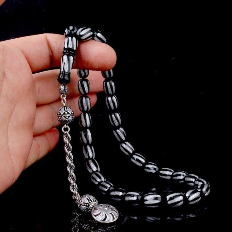 Gümüş Mineli Püsküllü Siyah Gri Renk Ateş Kehribar TesbihAteş Kehribar Tesbih