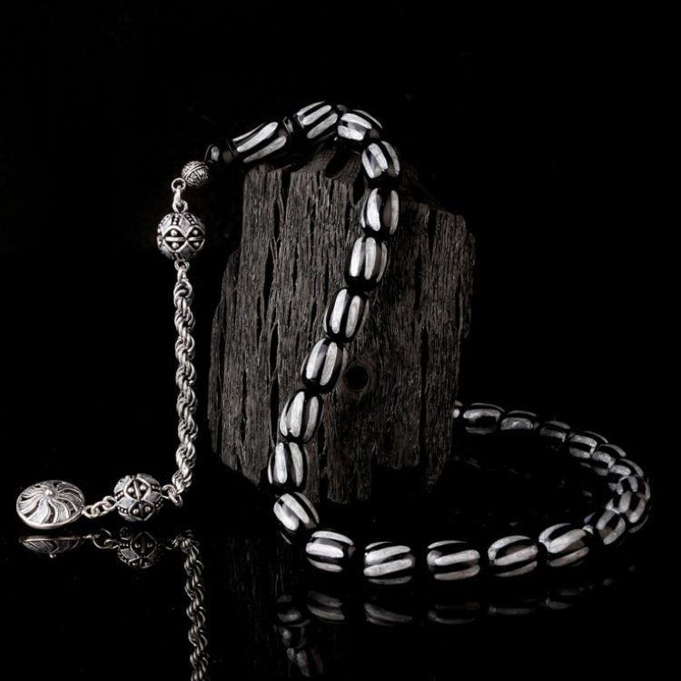 Gümüş Mineli Püsküllü Siyah Gri Renk Ateş Kehribar TesbihAteş Kehribar Tesbih