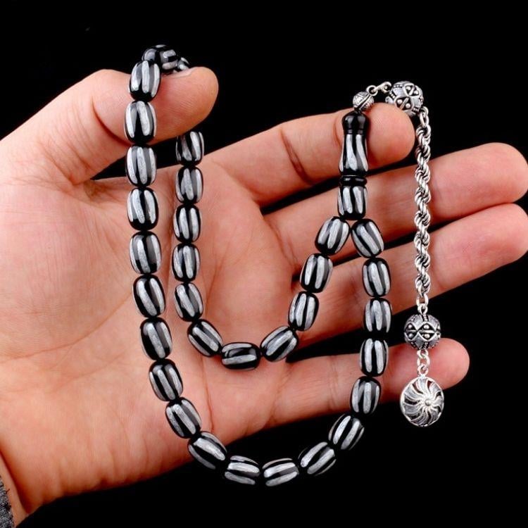 Gümüş Mineli Püsküllü Siyah Gri Renk Ateş Kehribar TesbihAteş Kehribar Tesbih