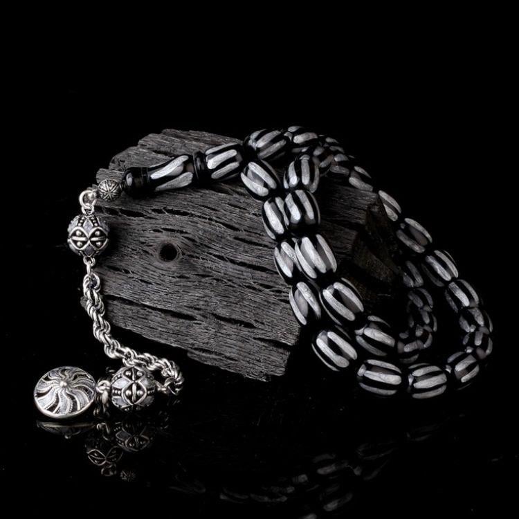 Gümüş Mineli Püsküllü Siyah Gri Renk Ateş Kehribar TesbihAteş Kehribar Tesbih