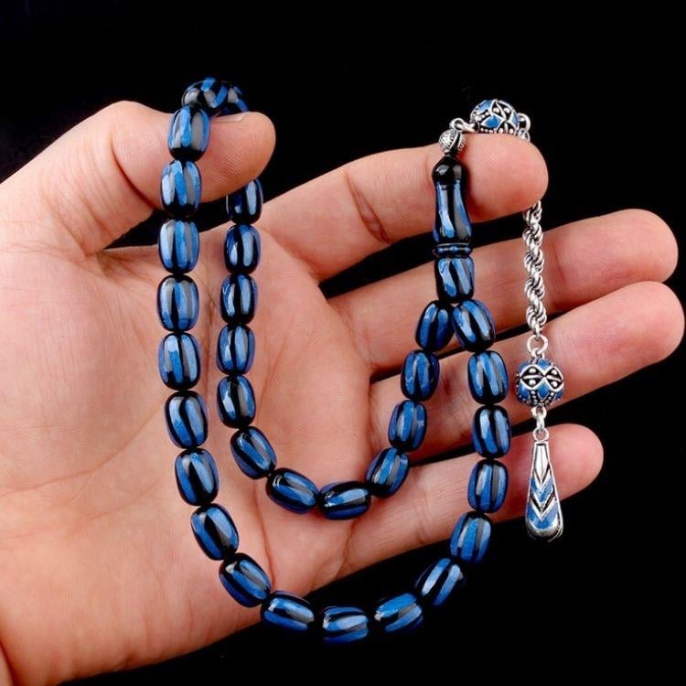 Gümüş Mineli Püsküllü Siyah Lacivert Renk Ateş Kehribar TesbihAteş Kehribar Tesbih