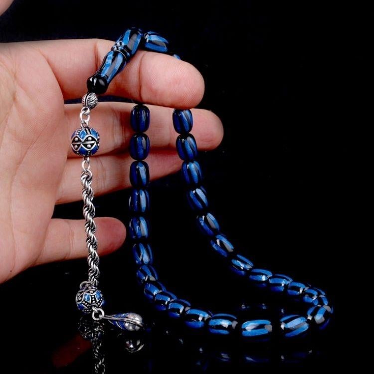 Gümüş Mineli Püsküllü Siyah Lacivert Renk Ateş Kehribar TesbihAteş Kehribar Tesbih