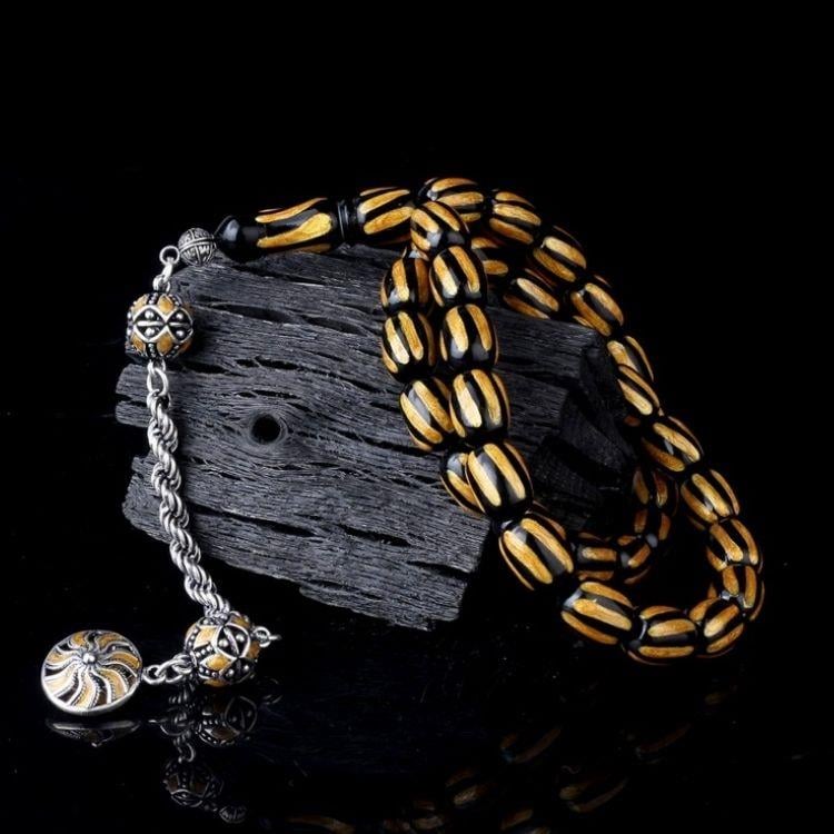 Gümüş Mineli Püsküllü Siyah Sarı Renk Ateş Kehribar TesbihAteş Kehribar Tesbih