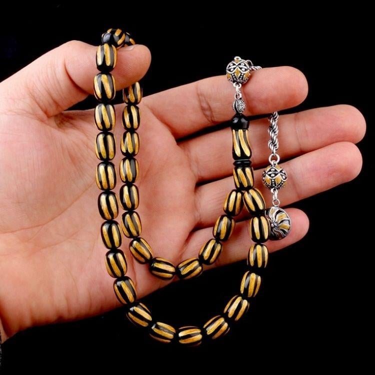 Gümüş Mineli Püsküllü Siyah Sarı Renk Ateş Kehribar TesbihAteş Kehribar Tesbih